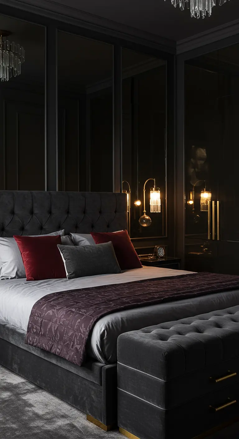 Lujoso dormitorio de los 80 con paredes de espejo ahumado y cama de terciopelo gris.