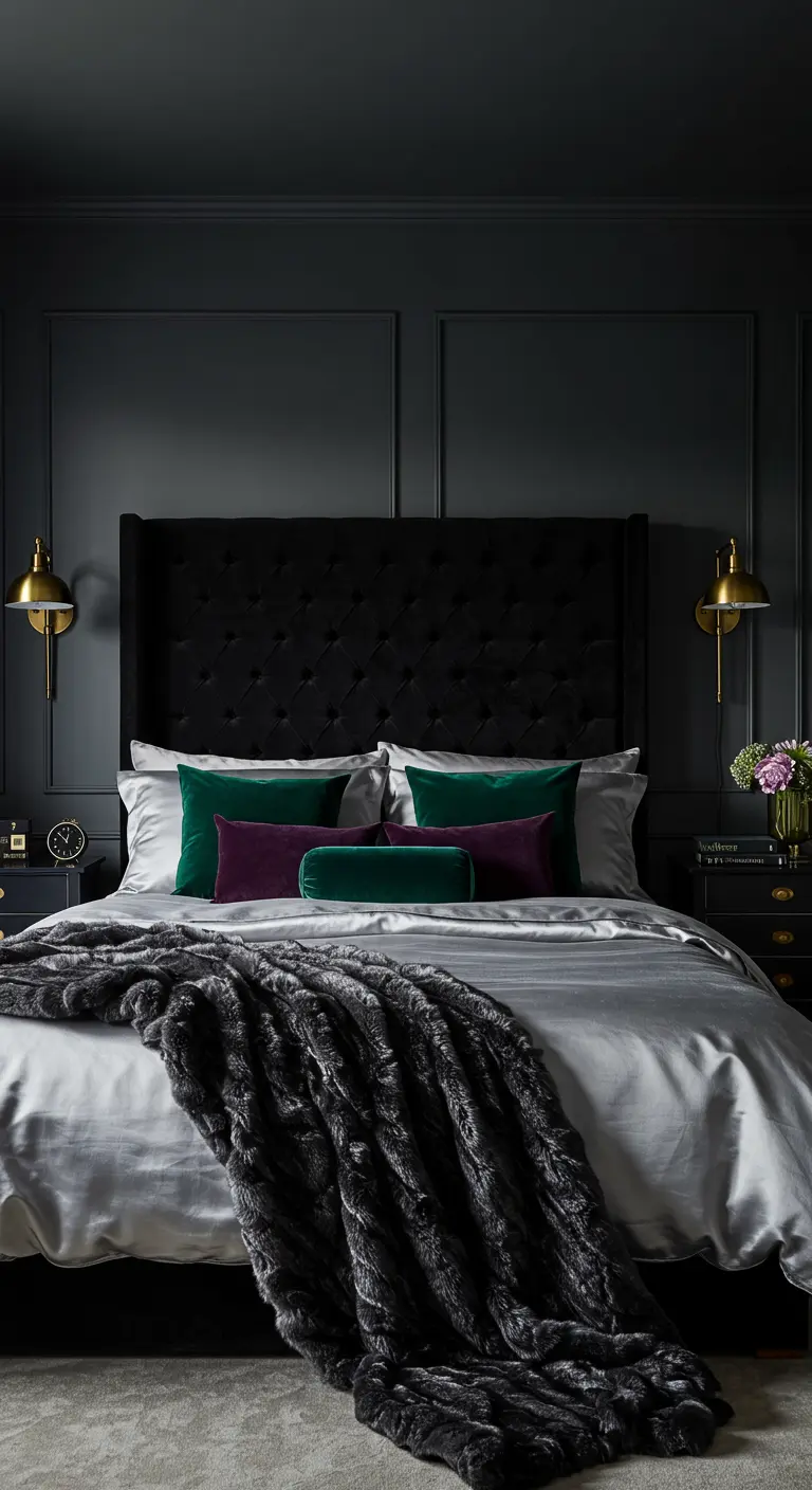 Cama con cabecero de terciopelo negro, cojines verdes y morados, y una manta de pelo.