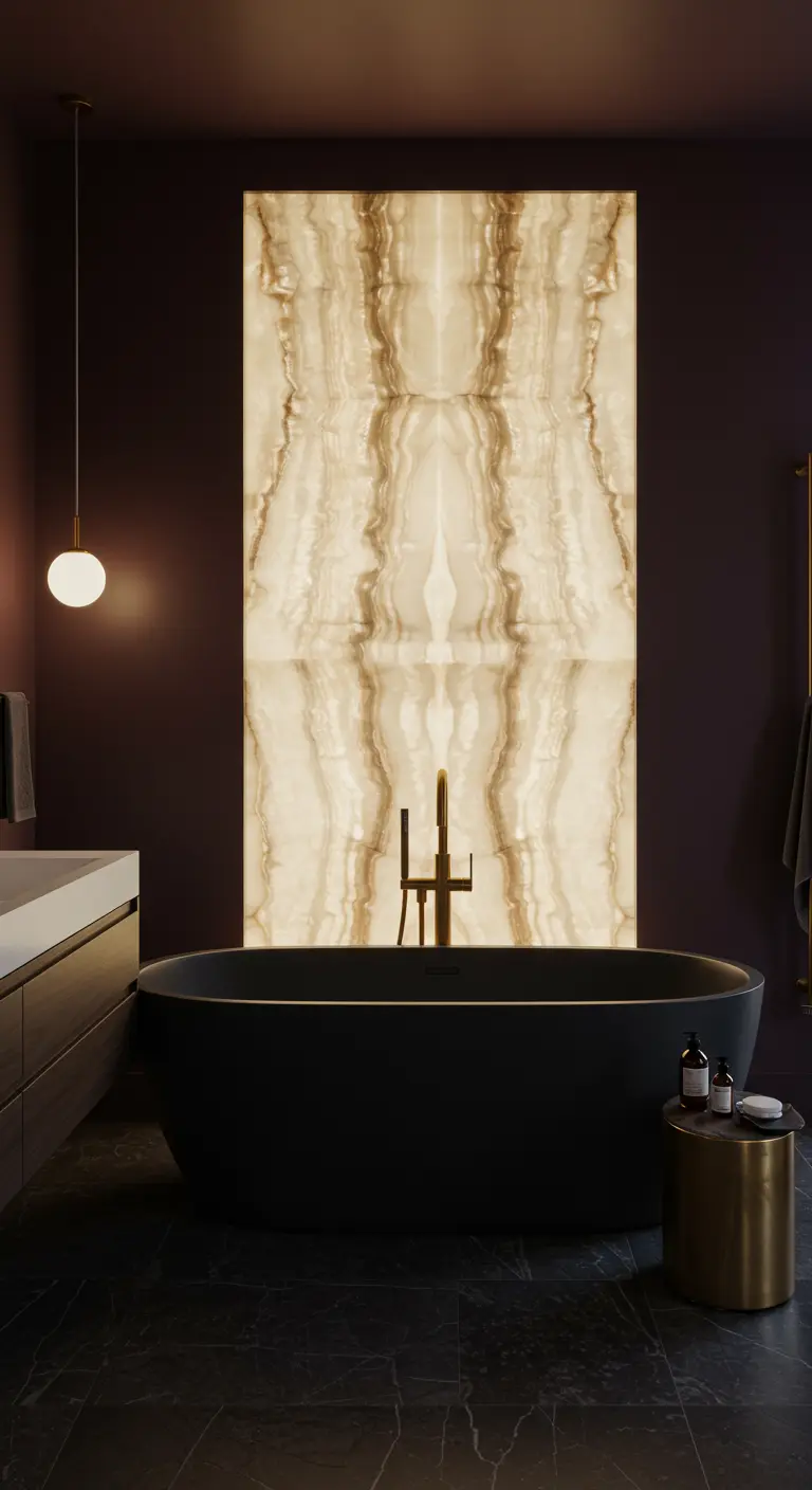 Baño oscuro y lujoso con una pared de ónix retroiluminada y una bañera negra