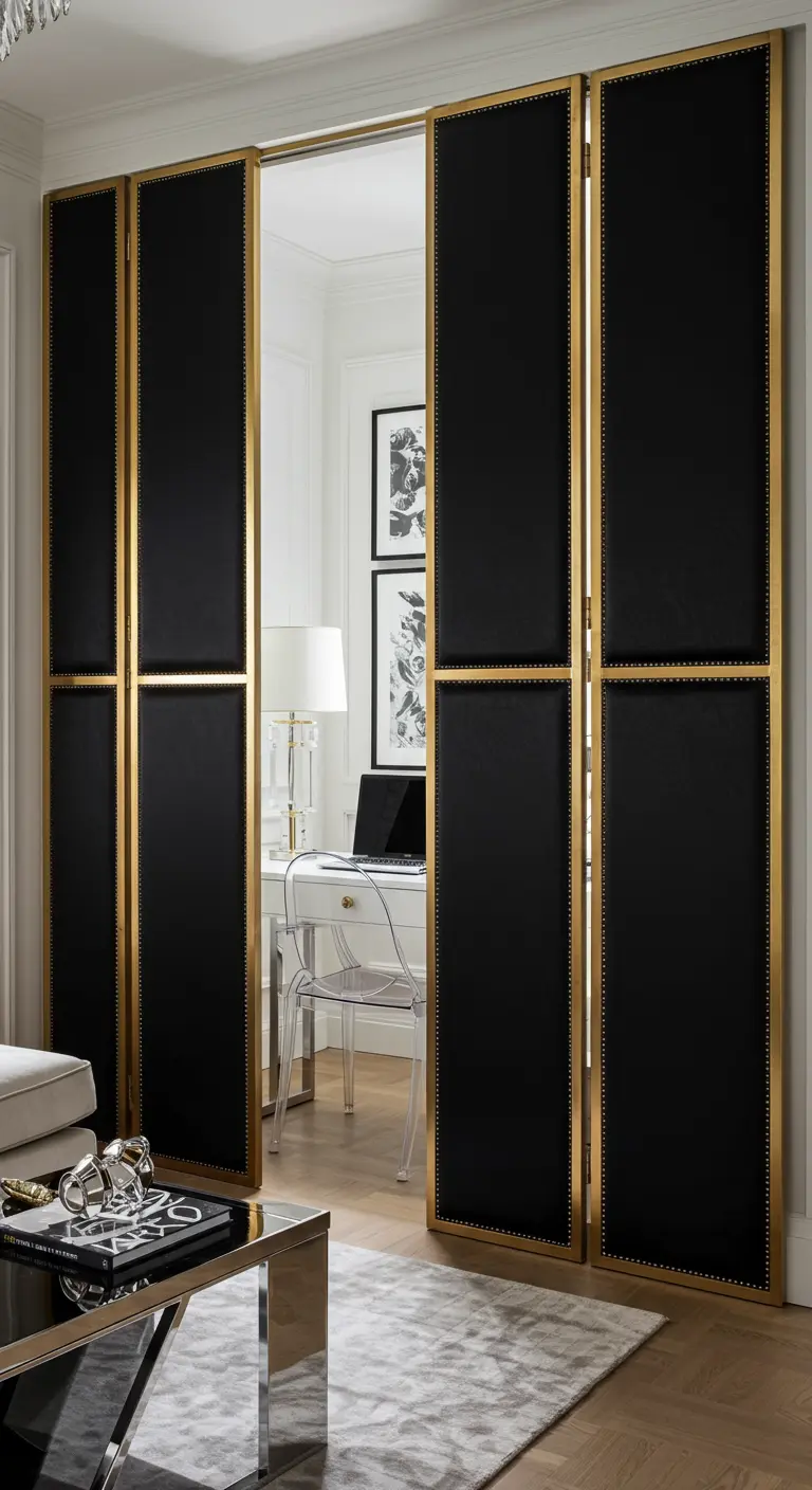 Oficina moderna oculta detrás de grandes paneles plegables negros con detalles dorados.