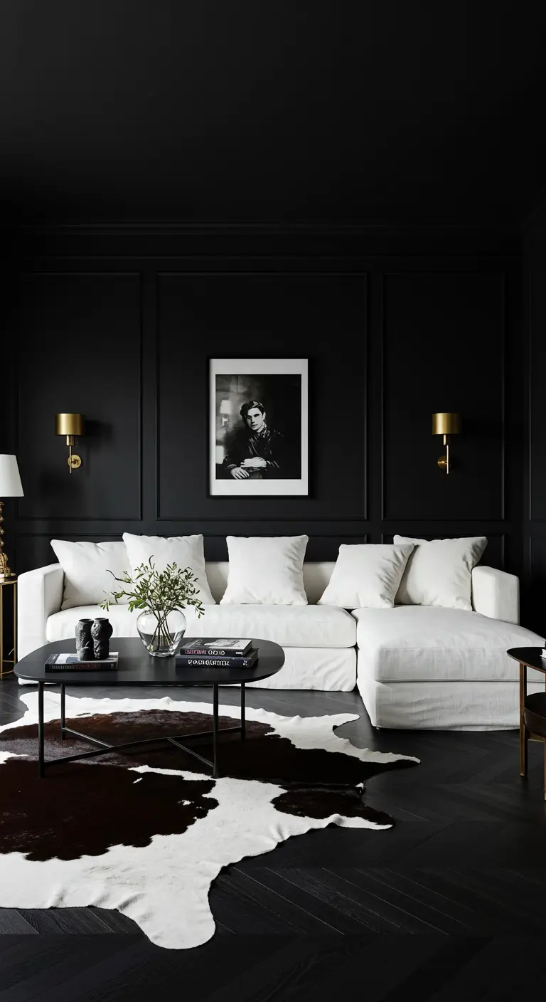 Sala de estar oscura con paredes negras paneladas, sofá seccional blanco y detalles dorados.