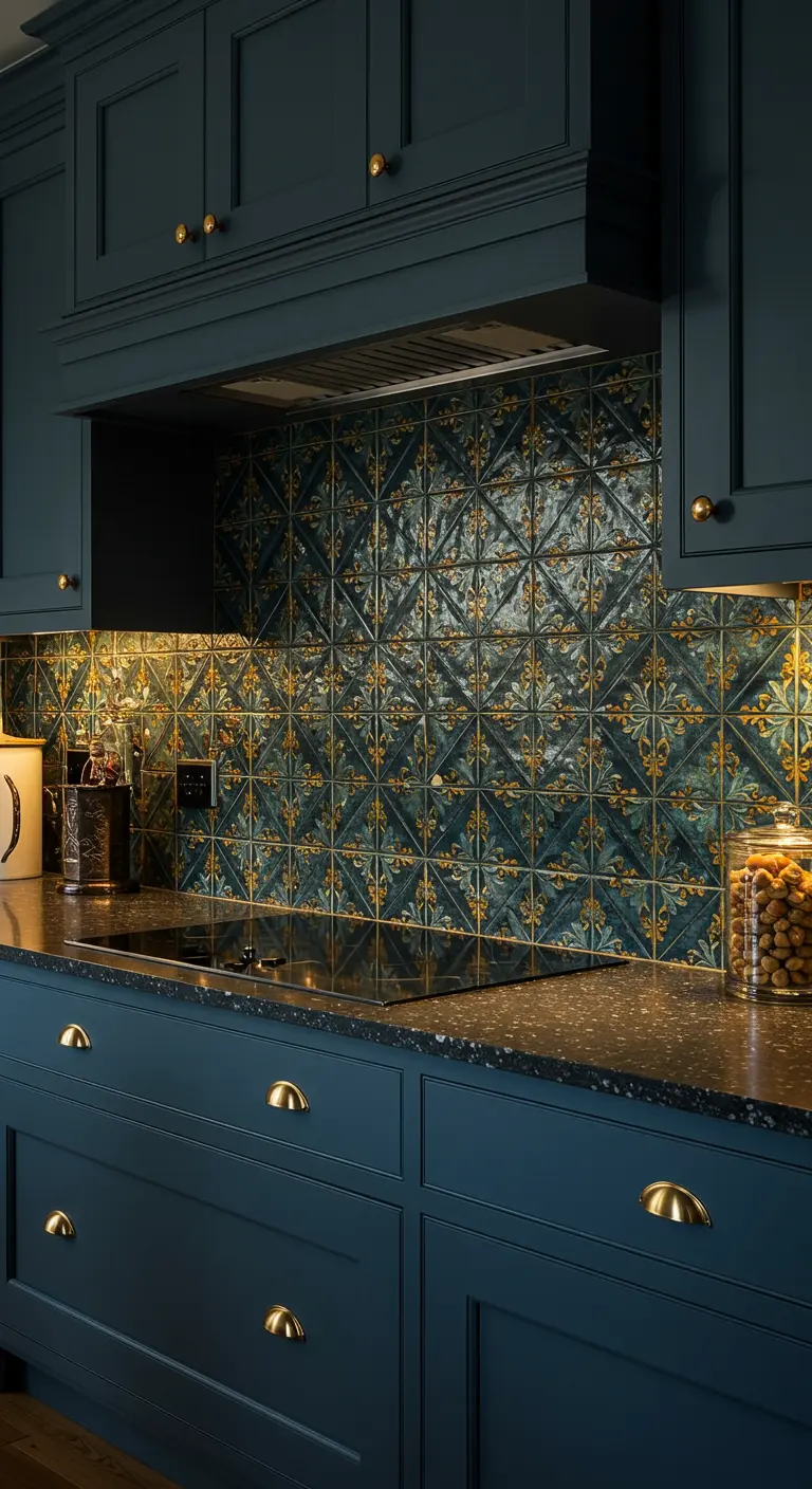 Salpicadero de cocina con azulejos en relieve azul oscuro y dorado, y gabinetes a juego.