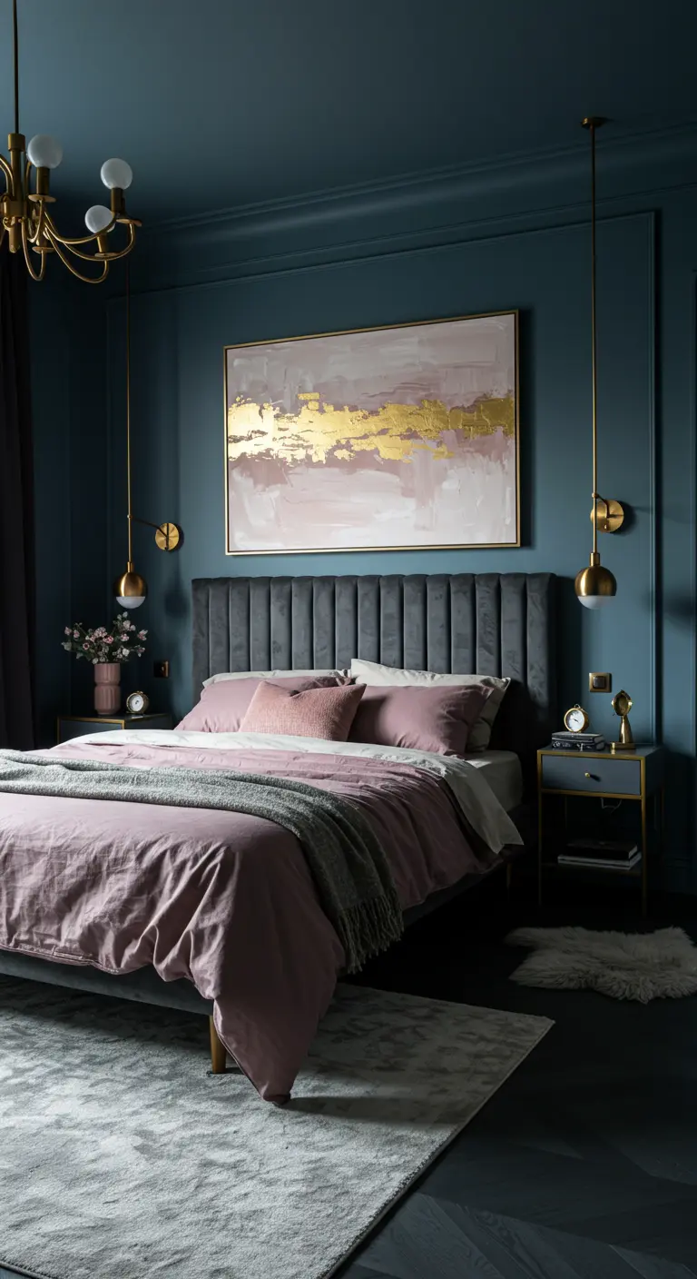 Dormitorio sofisticado con paredes de color verde azulado oscuro, cama de terciopelo y detalles dorados.
