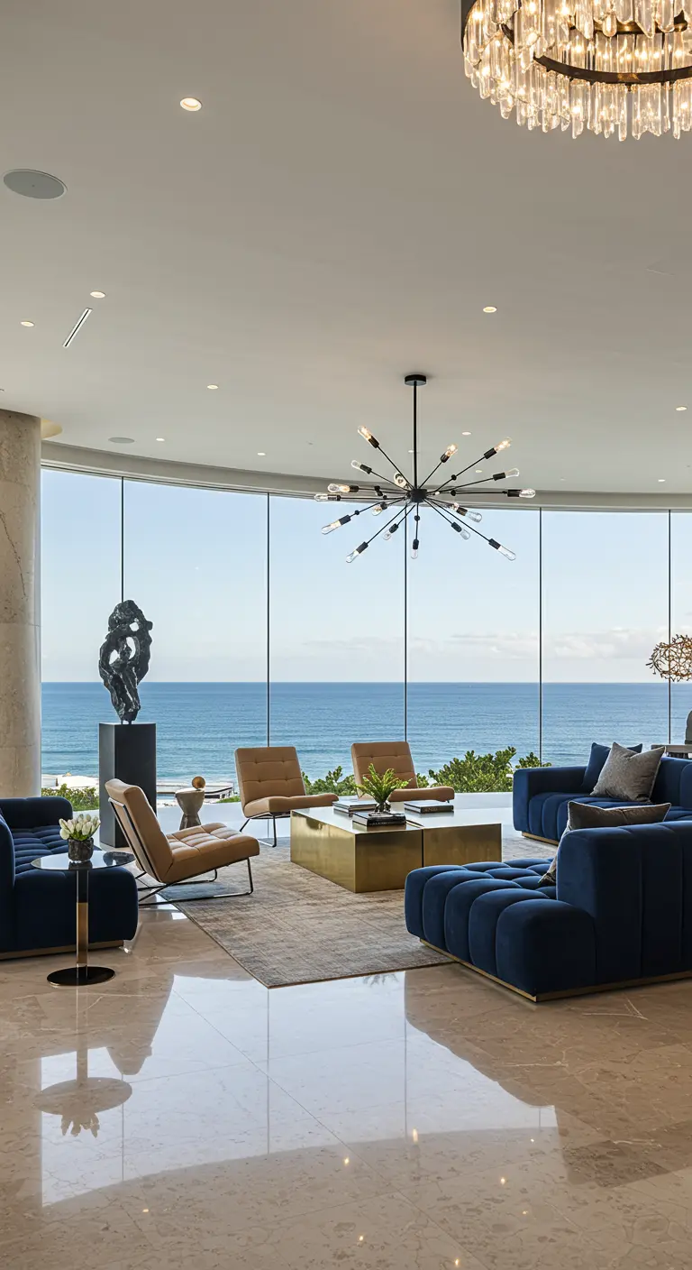 Lujoso salón moderno con ventanales curvos del suelo al techo y vistas al mar.