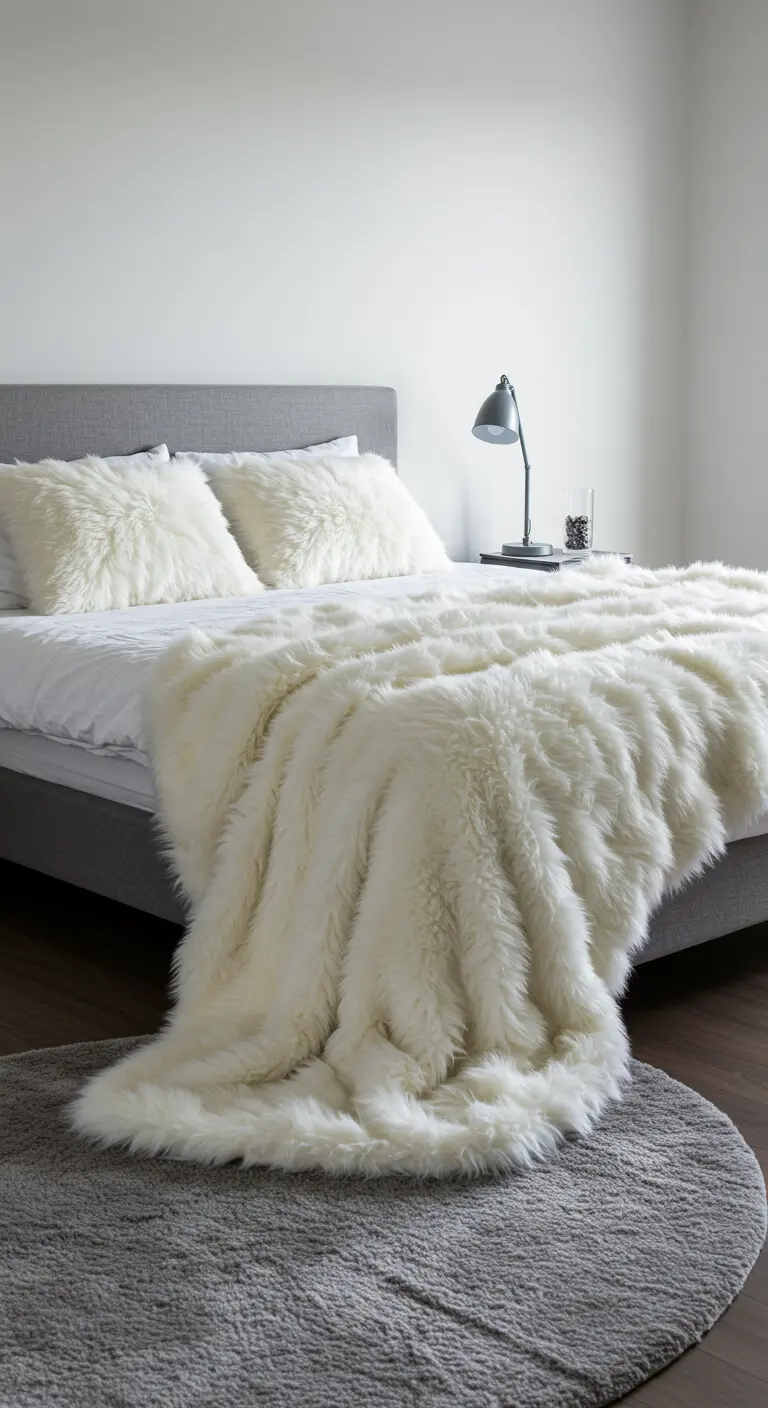 Cama con una gran manta de piel sintética blanca de pelo largo, que añade textura y lujo.