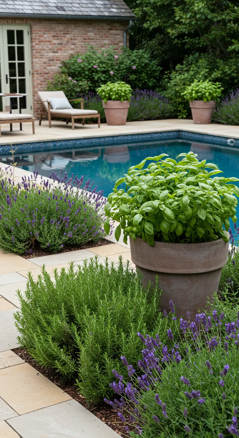 Zona de piscina con arriates de romero y lavanda y grandes macetas de terracota con albahaca