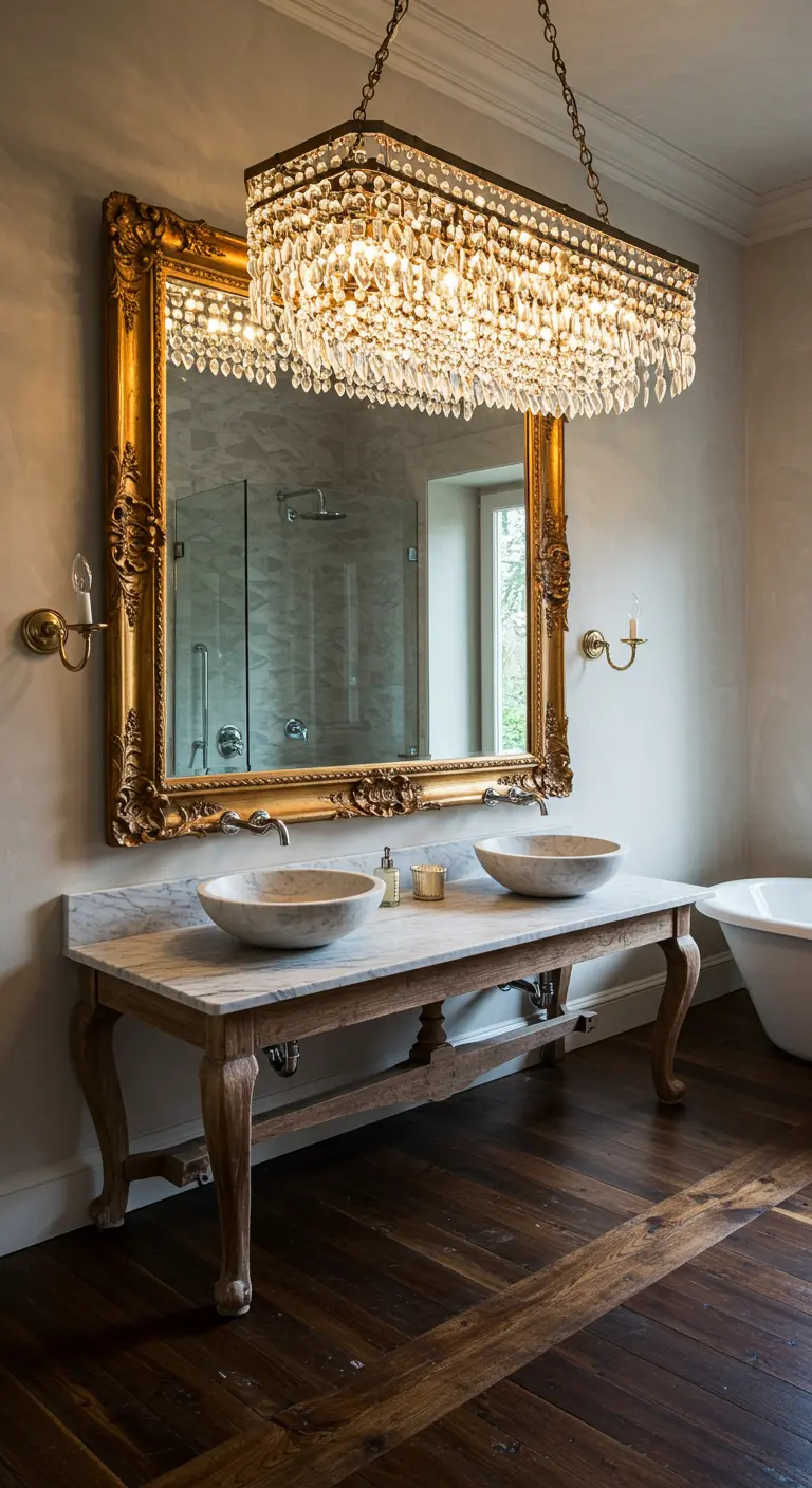 Baño lujoso con una consola antigua, encimera de mármol, espejo dorado y lámpara de araña.