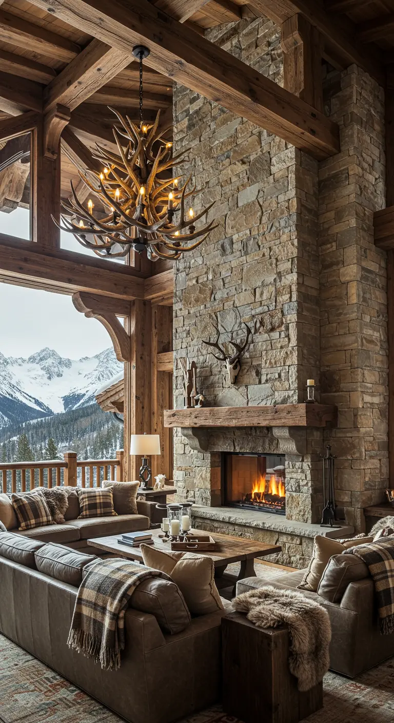 Impresionante sala de estar de un chalet de montaña con chimenea de piedra y lámpara de astas.