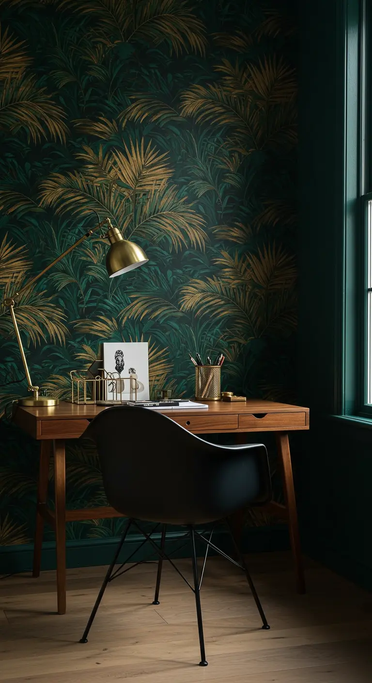 Escritorio elegante con papel tapiz de hojas de palma doradas y verdes, y lámpara de latón.