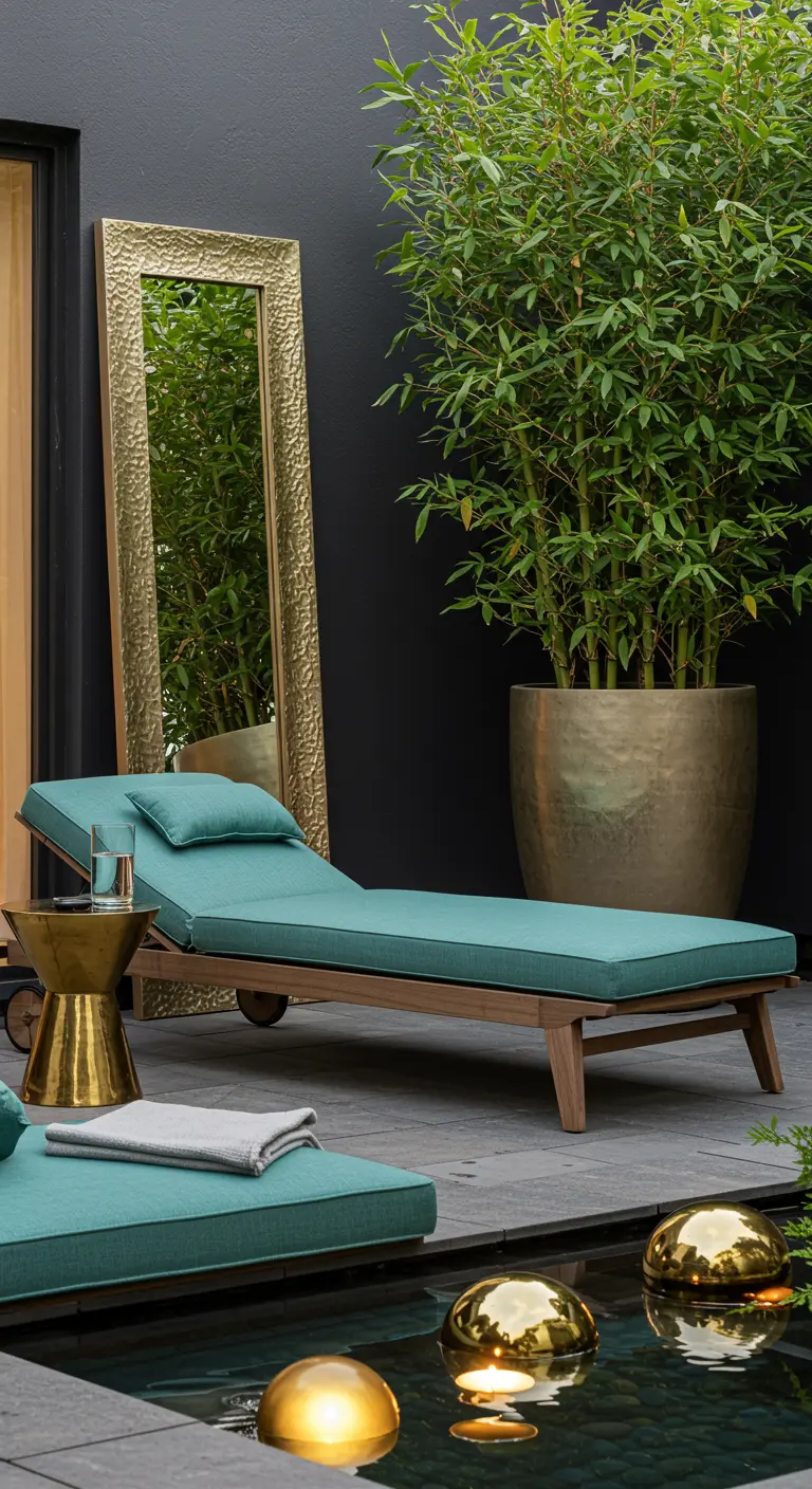 Zona de piscina minimalista con tumbona, bambú y un espejo alto con marco dorado texturizado.