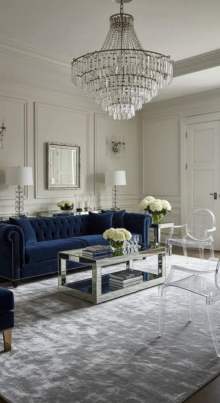 Salón elegante con sofá de terciopelo azul y una alfombra gris plateada de textura suave y brillante.