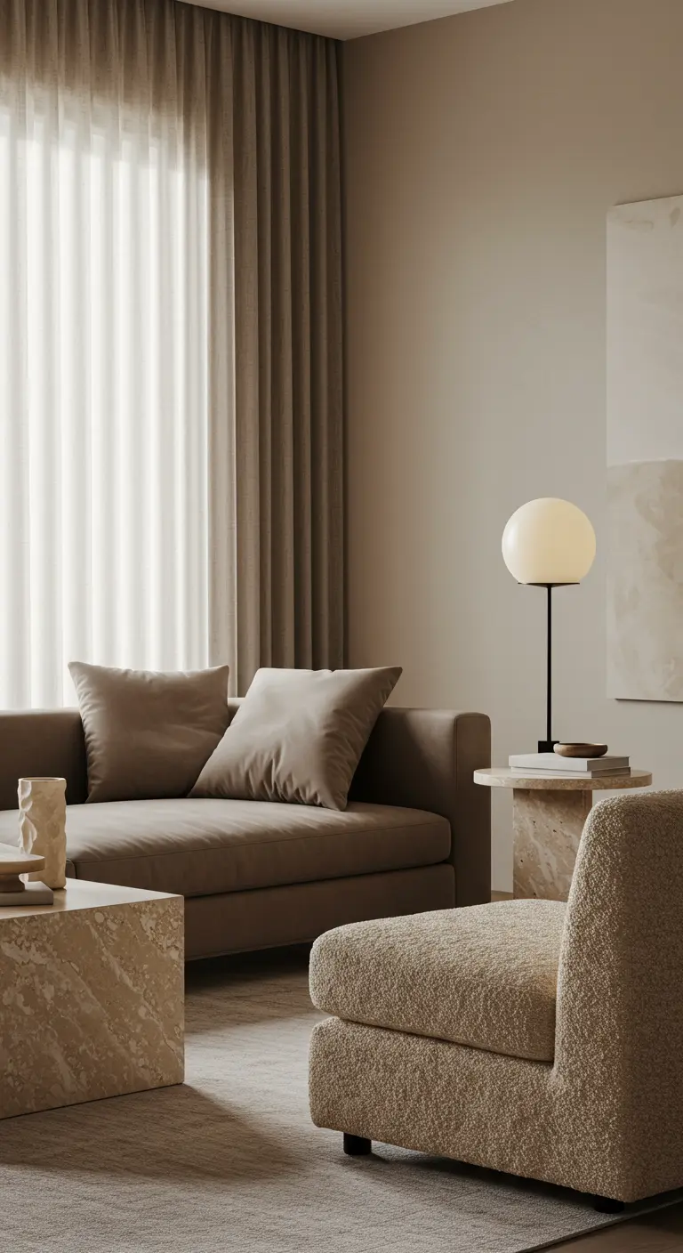 Salón en tonos neutros con sofá de terciopelo topo, silla de bouclé y mesas de travertino.