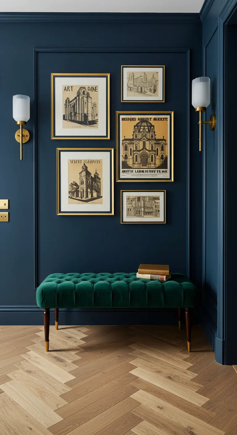 Pasillo elegante con pared azul oscuro, banco de terciopelo verde y cuadros con marcos dorados.