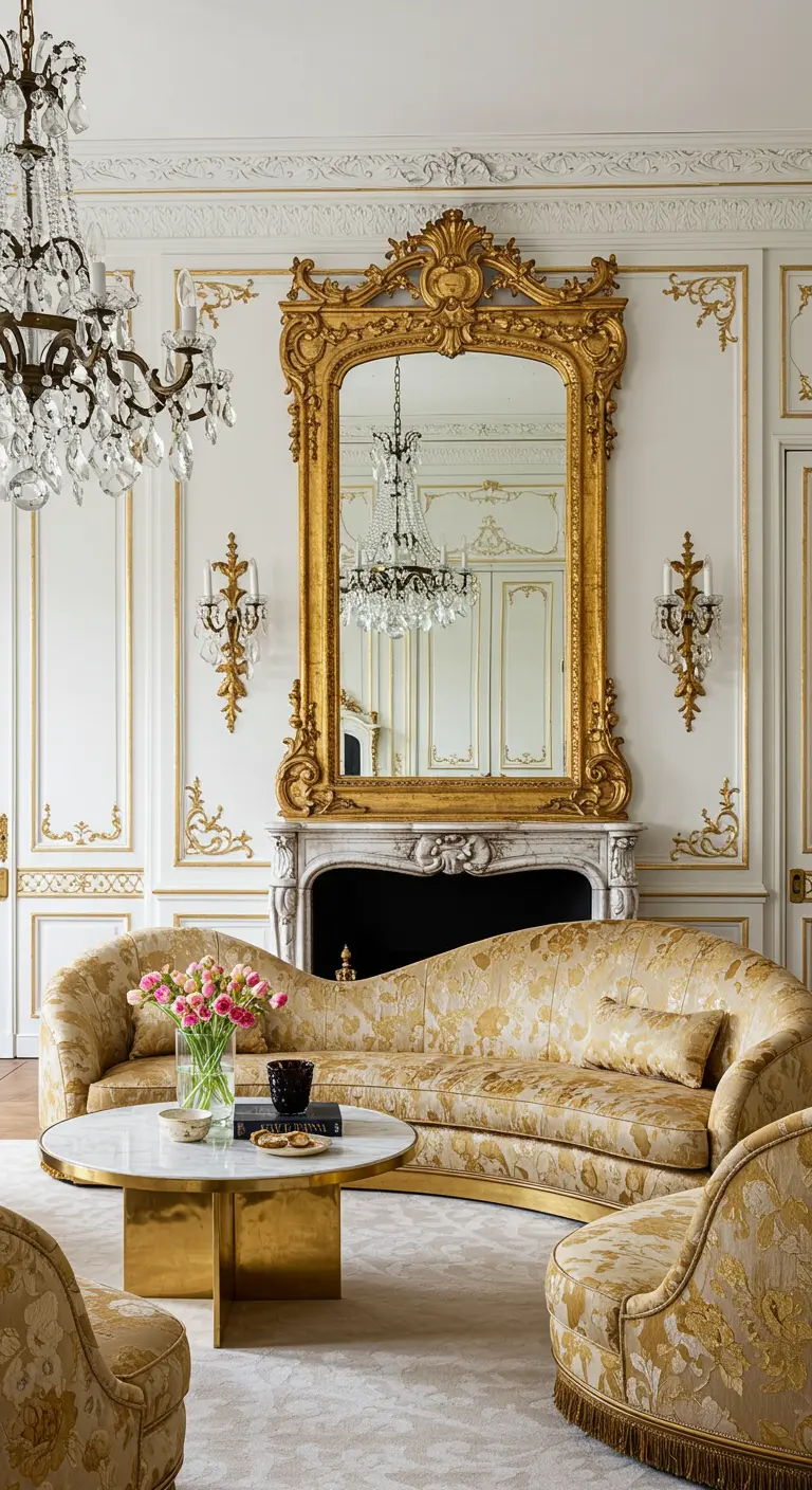 Sala de estar de lujo con sofá curvo de damasco dorado, paredes con molduras doradas y candelabros.