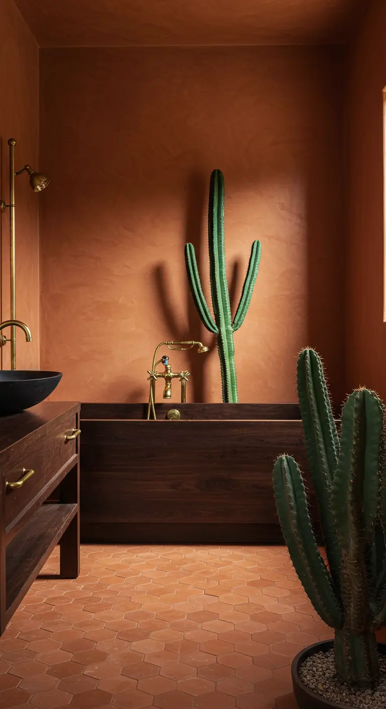 Baño en tonos arcilla con bañera de madera oscura y grifería dorada.