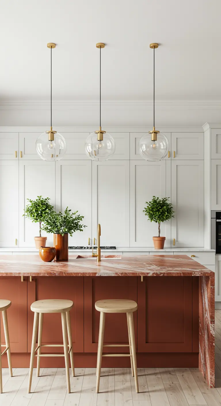 Cocina moderna con una isla de mármol en tonos terracota y vetas doradas.