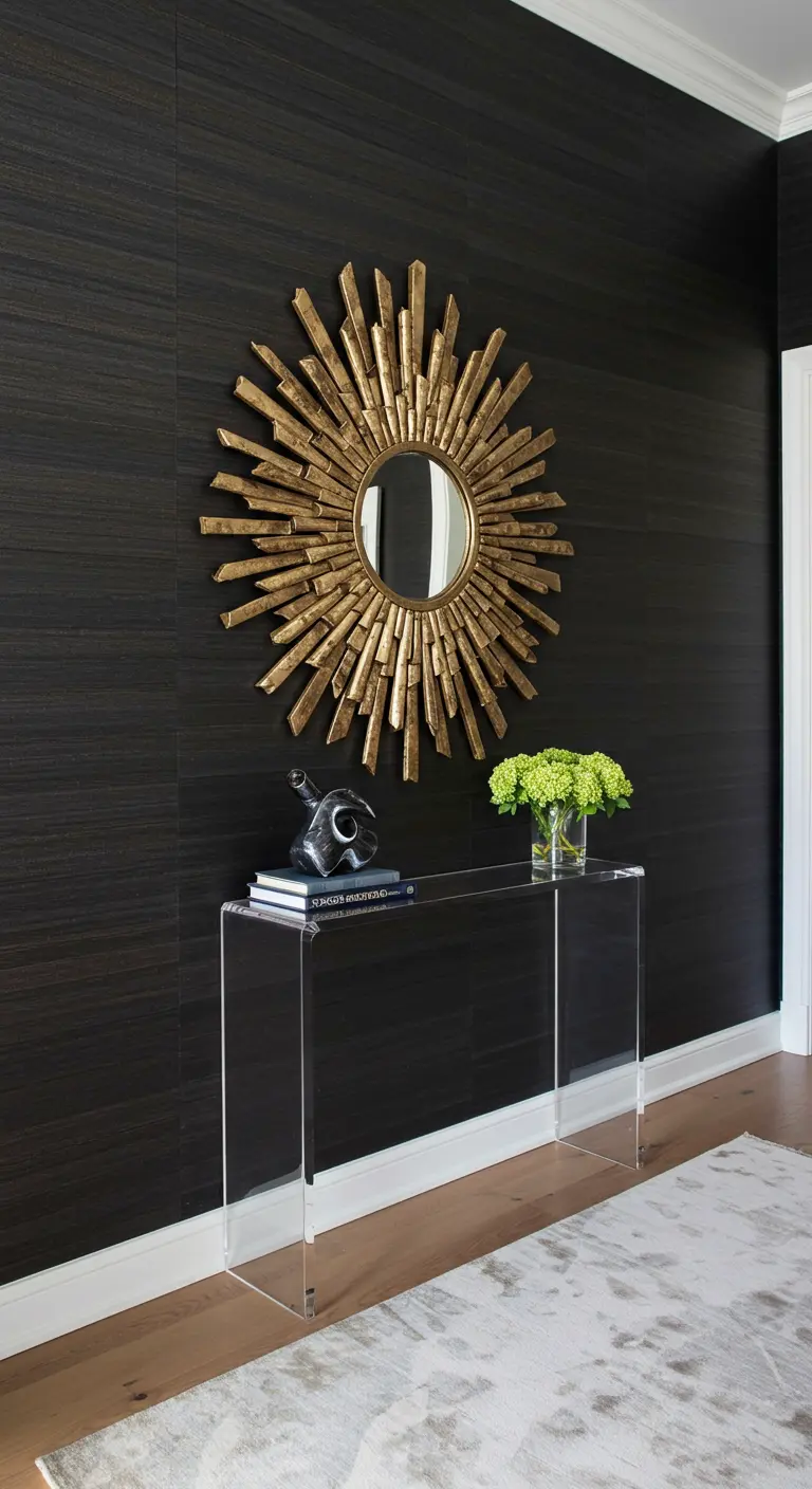 Pared oscura texturizada con consola de metacrilato y un espejo de sol dorado.