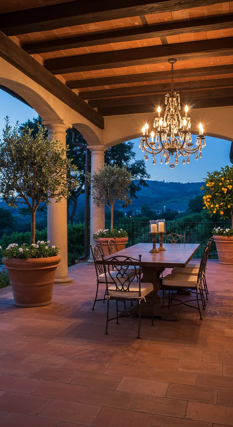 Patio de estilo toscano con suelo de terracota, columnas y una elegante lámpara de araña de cristal.