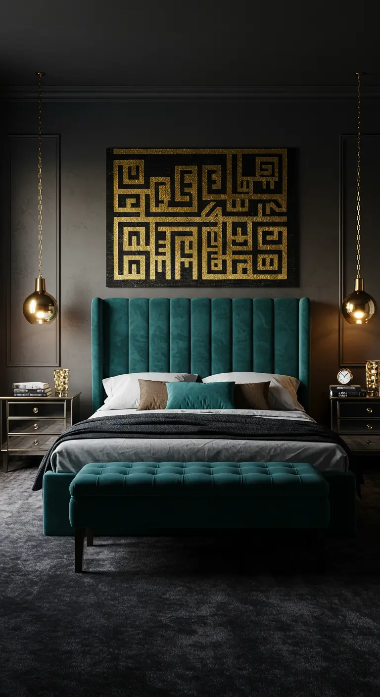 Dormitorio glamuroso con cabecero de terciopelo verde azulado y arte geométrico dorado.