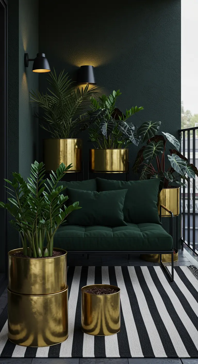 Balcón elegante con pared oscura, sofá verde, maceteros dorados y una alfombra de rayas blancas y negras.