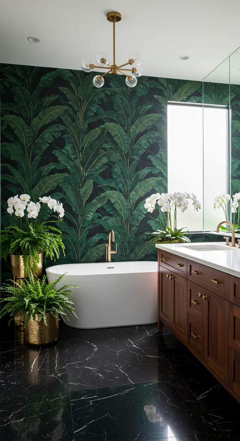 Baño de lujo con papel tapiz de hojas de palmera verdes, bañera blanca y suelo de mármol negro.