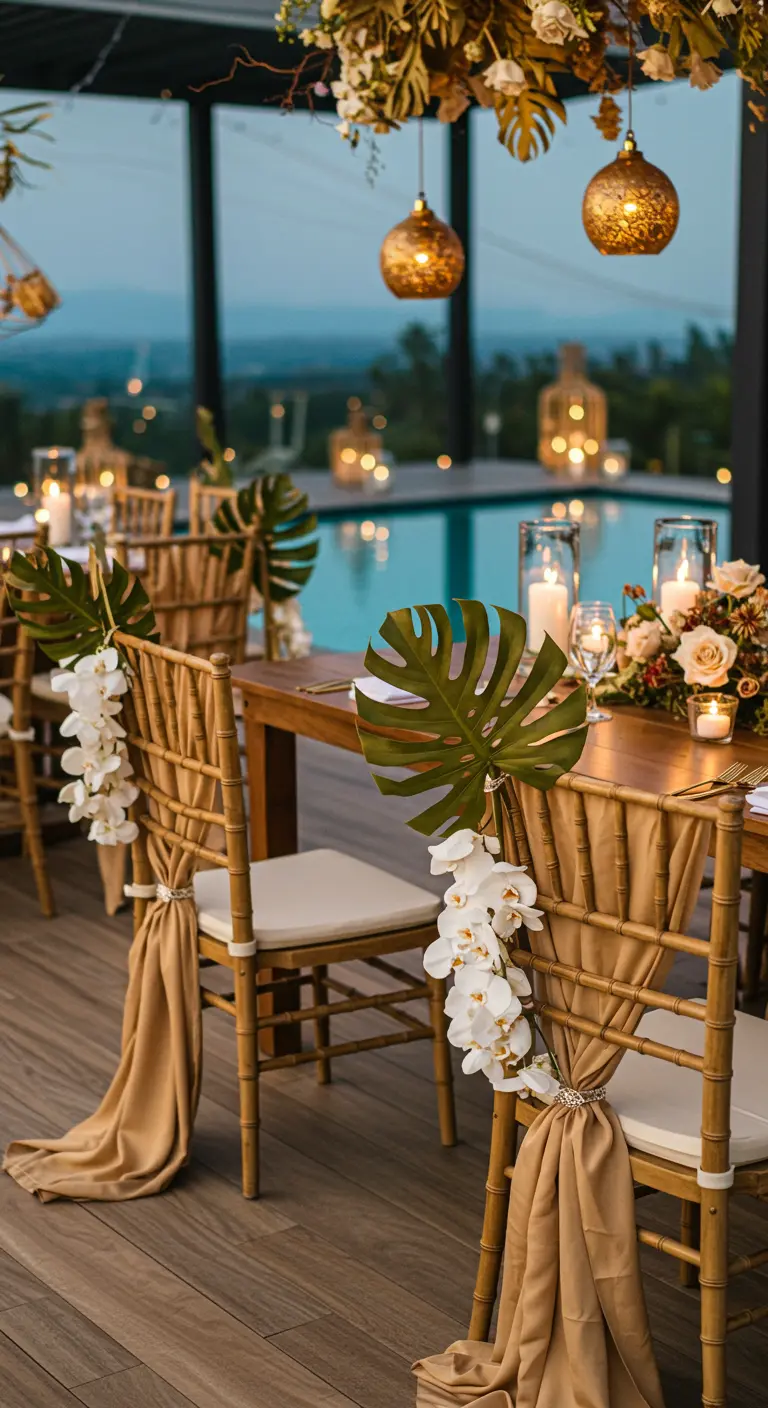 Sillas doradas junto a una piscina con tela ocre, hoja de monstera y orquídeas blancas.