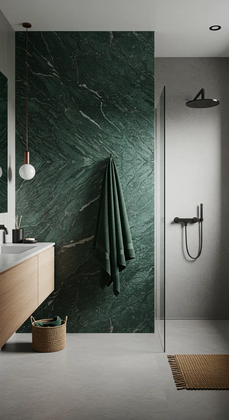 Baño moderno con una pared de acento de mármol verde, grifería negra y mueble de madera clara.