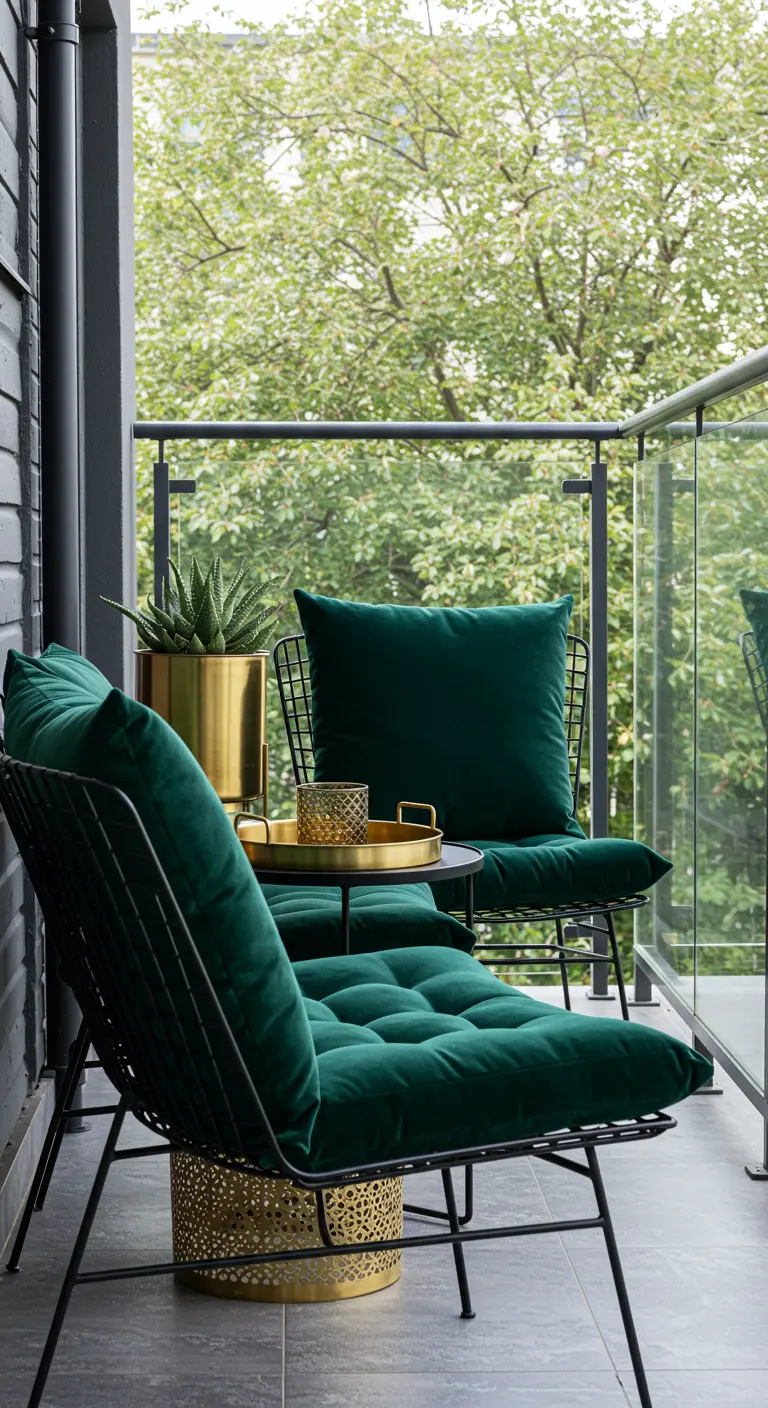 Sillones de metal negro con lujosos cojines de terciopelo verde y detalles decorativos en dorado