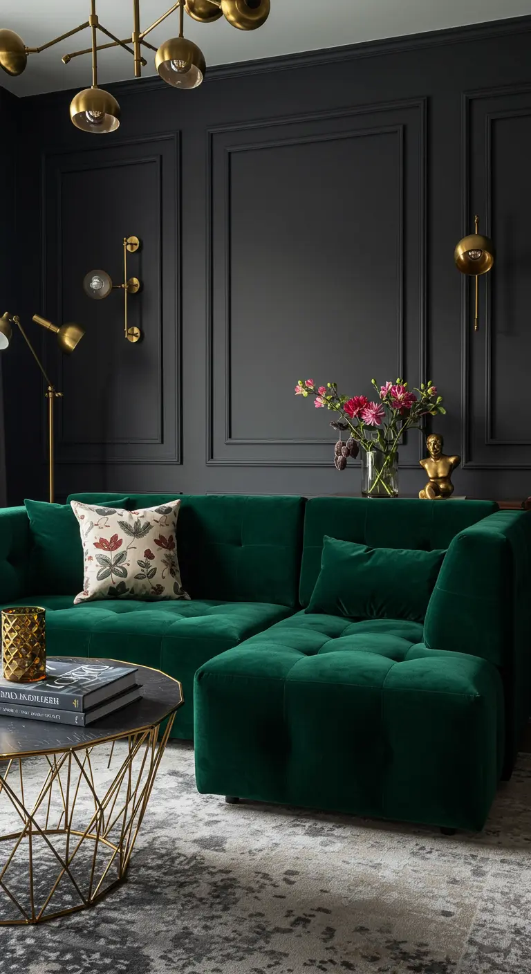 Sofá modular de terciopelo verde esmeralda en una sala elegante con paredes oscuras y acentos dorados.