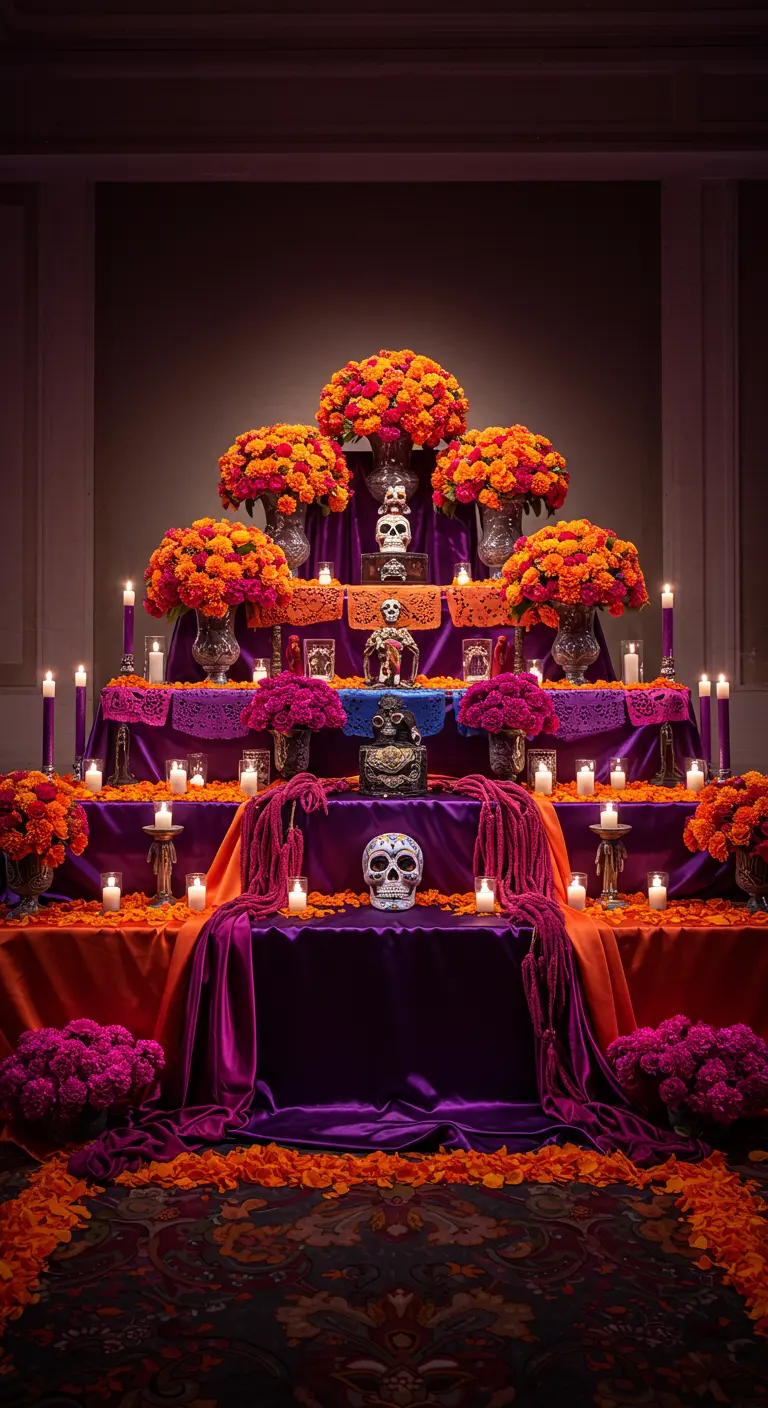 Altar de muertos opulento con telas de terciopelo morado y naranja, y grandes arreglos florales.
