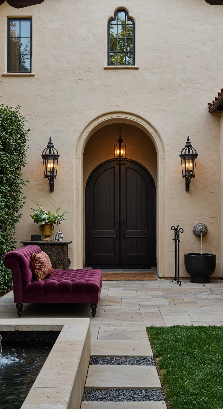 Patio elegante con un diván de terciopelo morado, una fuente y apliques de pared clásicos.