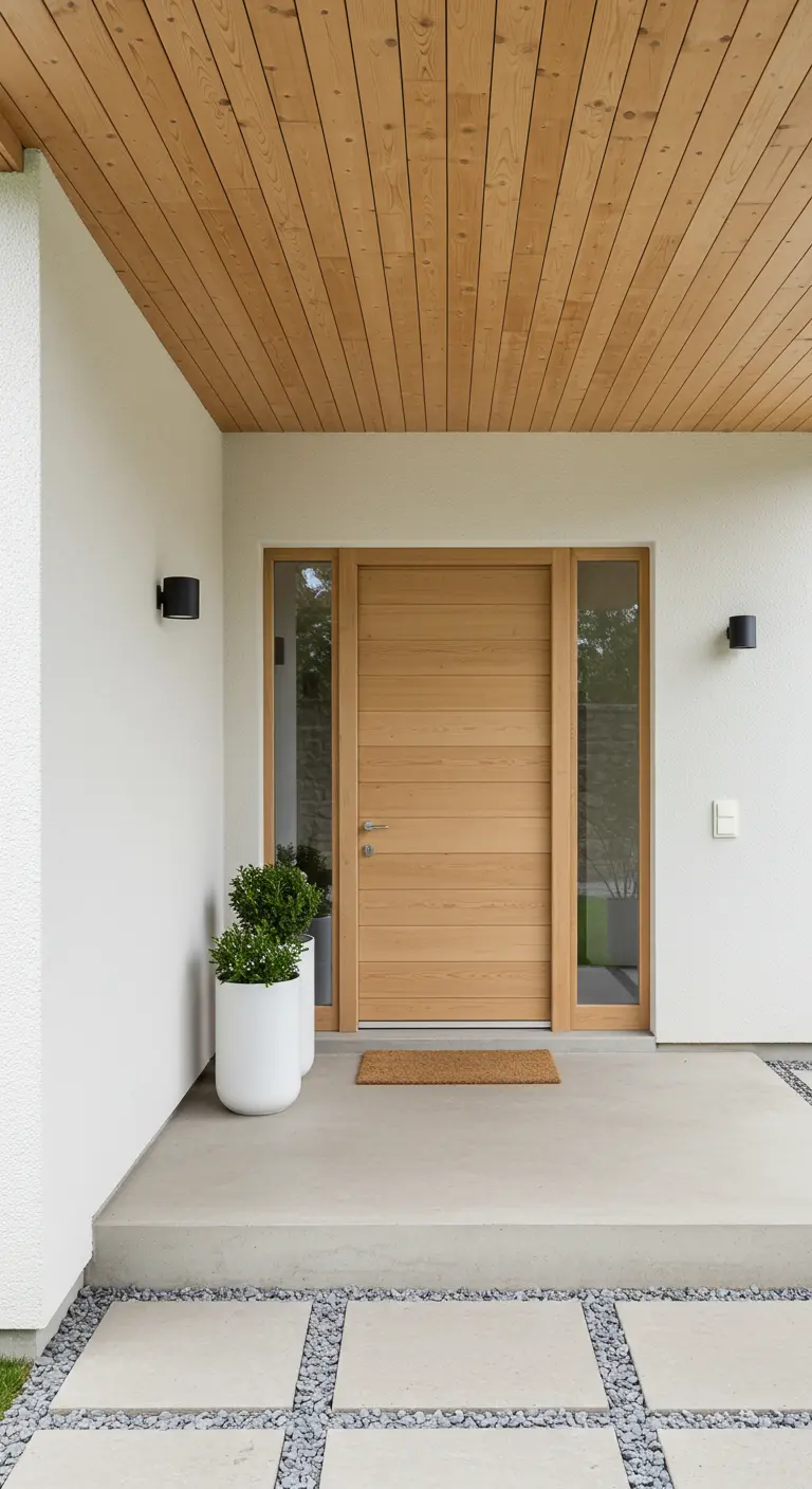 Entrada de estilo escandinavo con paredes blancas, puerta de madera clara y macetas blancas.