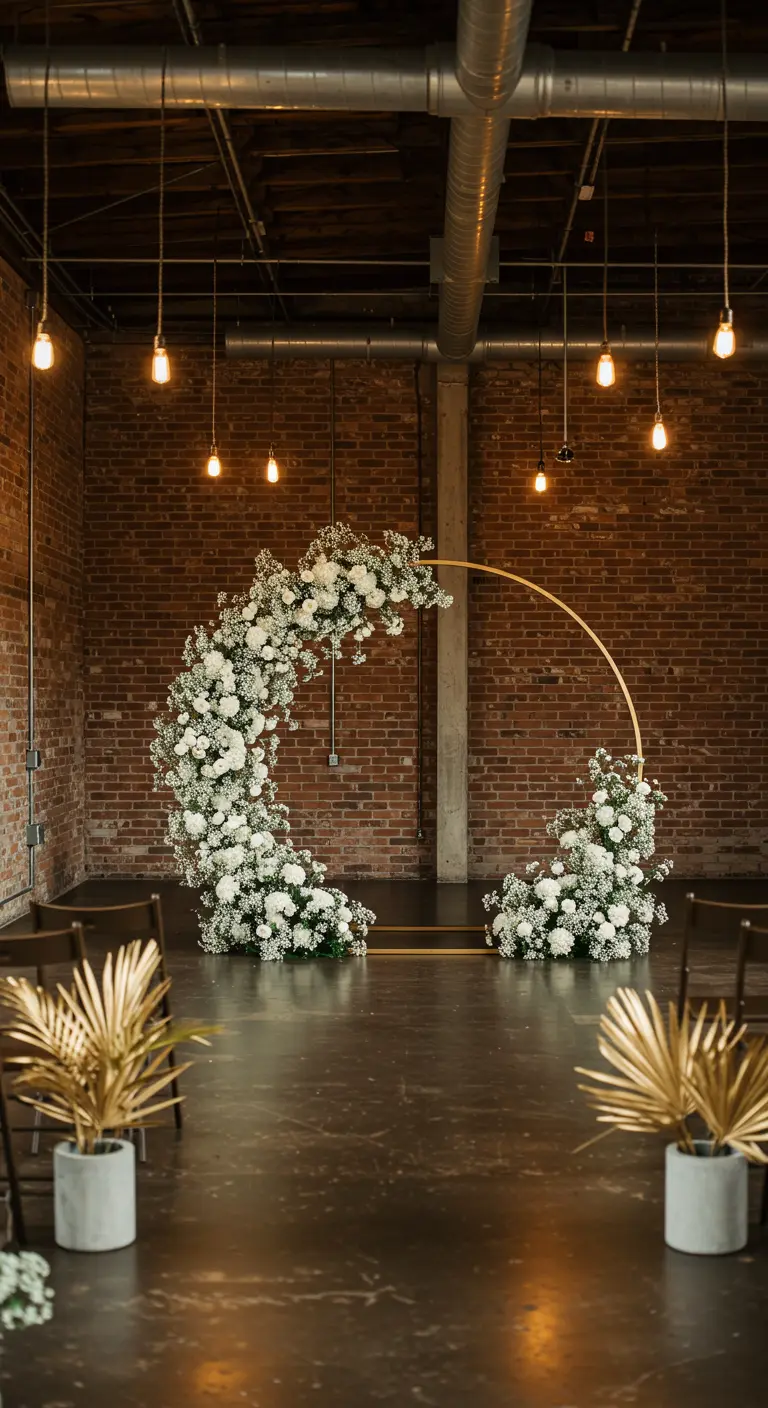Arco de boda en forma de media luna con flores blancas sobre un fondo de pared de ladrillo.