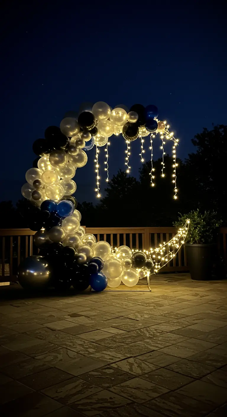 Arco de globos en forma de media luna con luces colgantes en una terraza de noche.