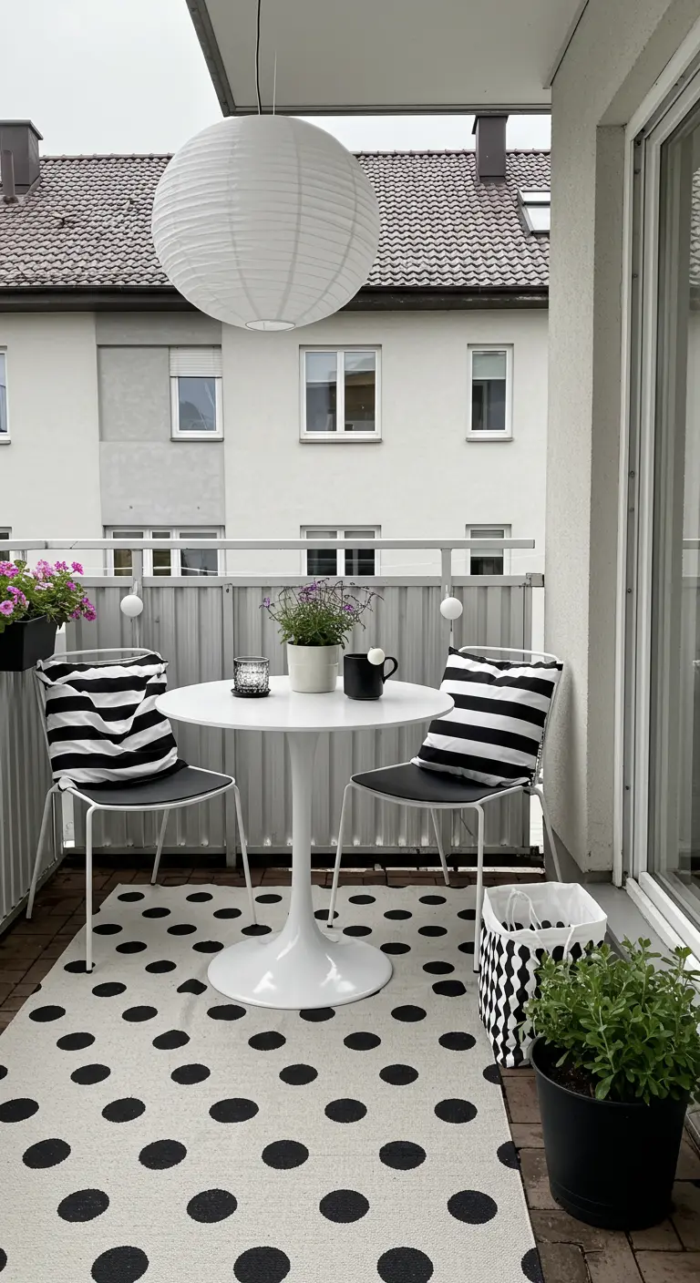 Balcón con alfombra de lunares, sillas con cojines de rayas y una lámpara de papel colgante.