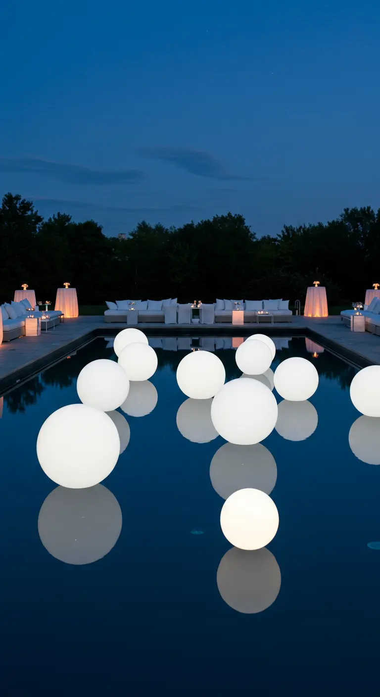 Orbes LED blancos y redondos flotando en una piscina durante el crepúsculo.