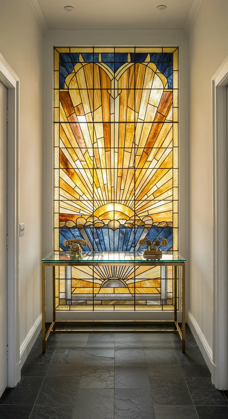 Gran vitral de estilo Art Déco con diseño de amanecer en una entrada.