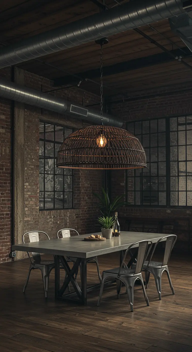 Comedor en loft industrial con lámpara de mimbre oscura y pared de ladrillo visto.