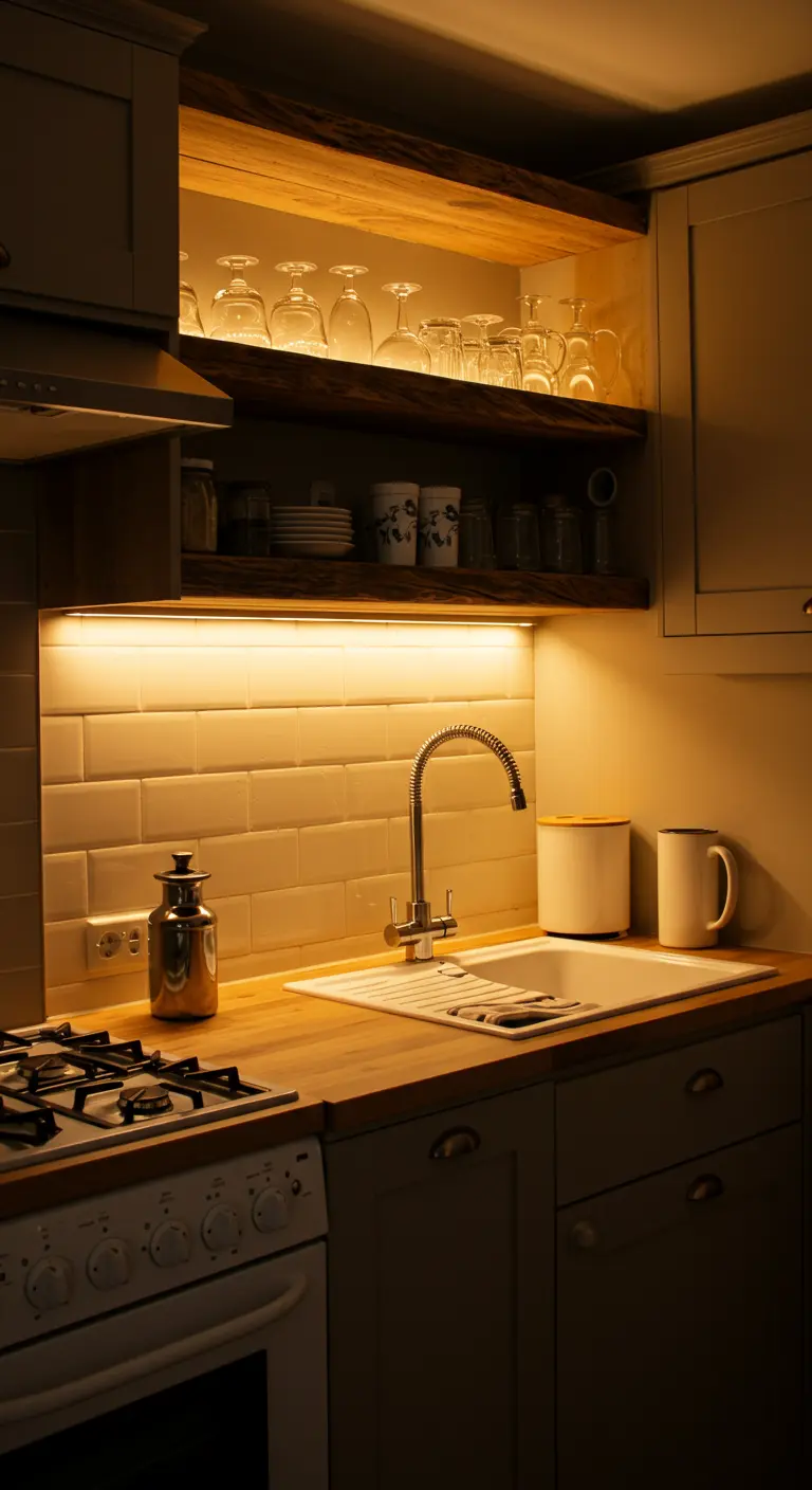 Cocina con estanterías de madera iluminadas por debajo con una luz cálida y acogedora.