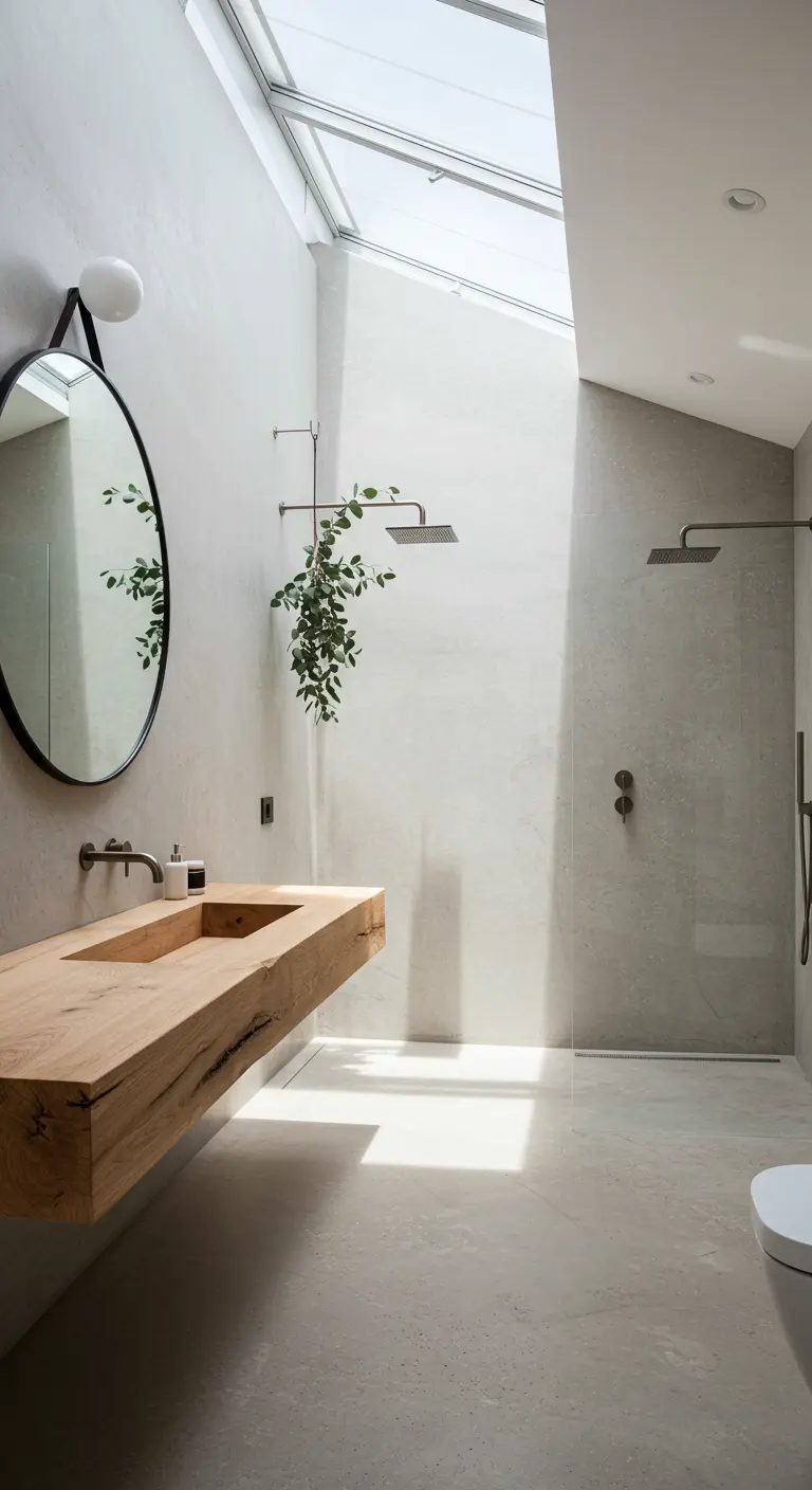 Baño minimalista con ducha bajo un tragaluz y un lavabo flotante de madera maciza.