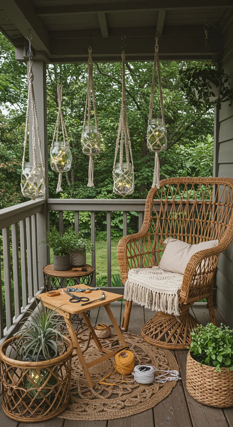 Frascos con luces solares colgando en soportes de macramé en un porche con muebles de mimbre.
