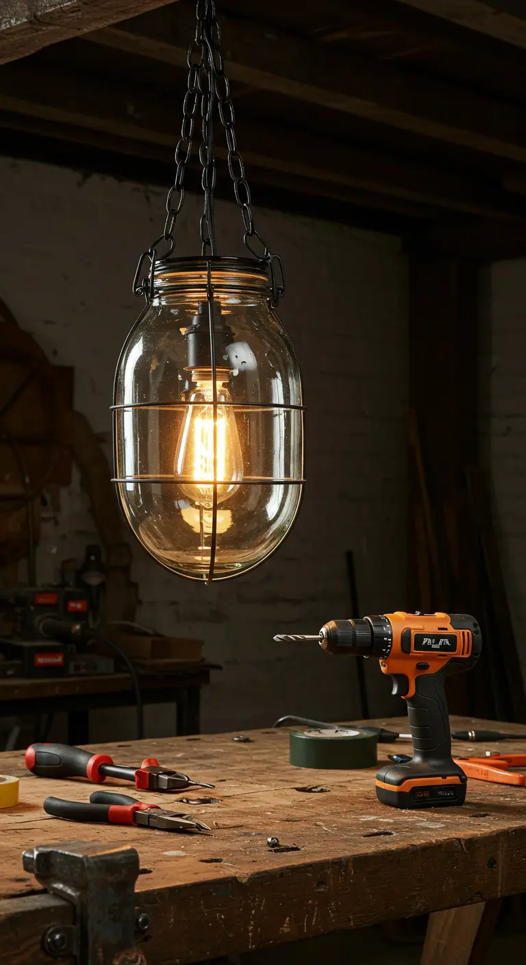 Lámpara industrial DIY con un gran frasco de vidrio, jaula metálica y cadena negra en un taller.