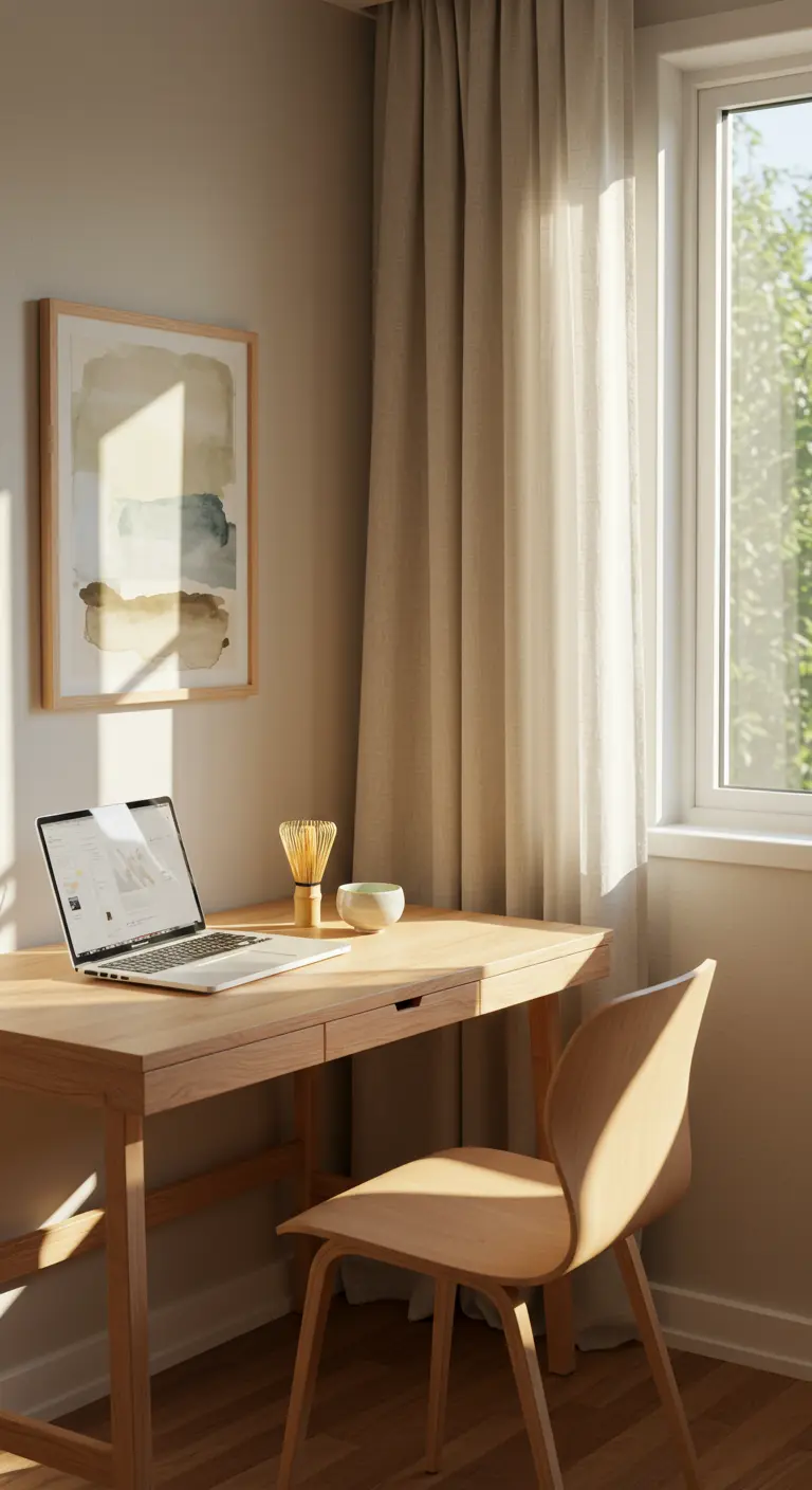 Estudio luminoso junto a una ventana con cortinas, escritorio de madera y una acuarela en la pared