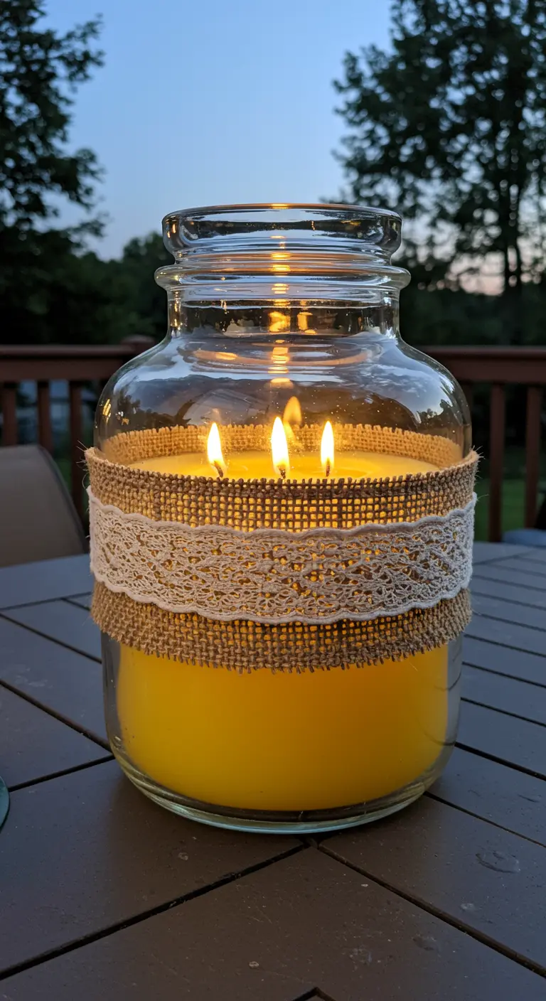 Vela grande de tres mechas en un frasco con arpillera y encaje, iluminando una mesa al atardecer.
