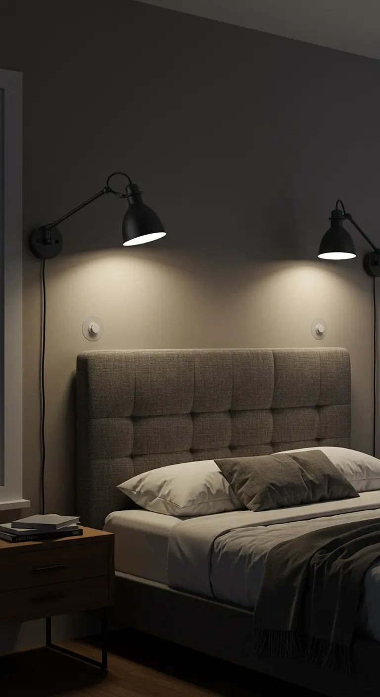 Dos apliques de pared negros con brazo articulado y cable a la vista, iluminando un cabecero tapizado.