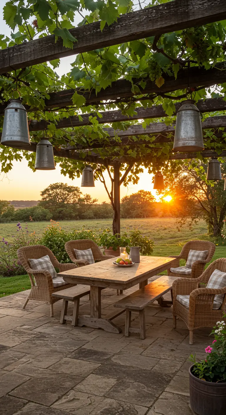 Patio rústico al atardecer con lámparas hechas de cubos de zinc colgando de una pérgola.