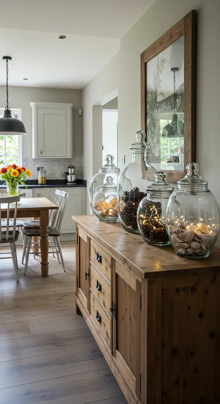 Frascos de boticario en un aparador de madera, llenos de piñas, conchas y luces LED cálidas.