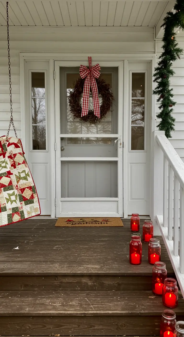 Porche con un columpio con un edredón y faroles caseros hechos con frascos rojos.