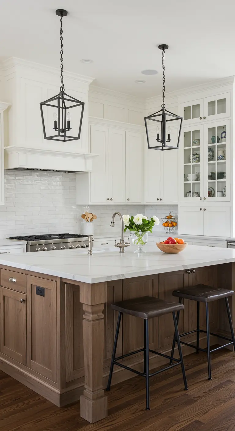 Cocina farmhouse blanca con isla de madera y lámparas colgantes negras en forma de linterna