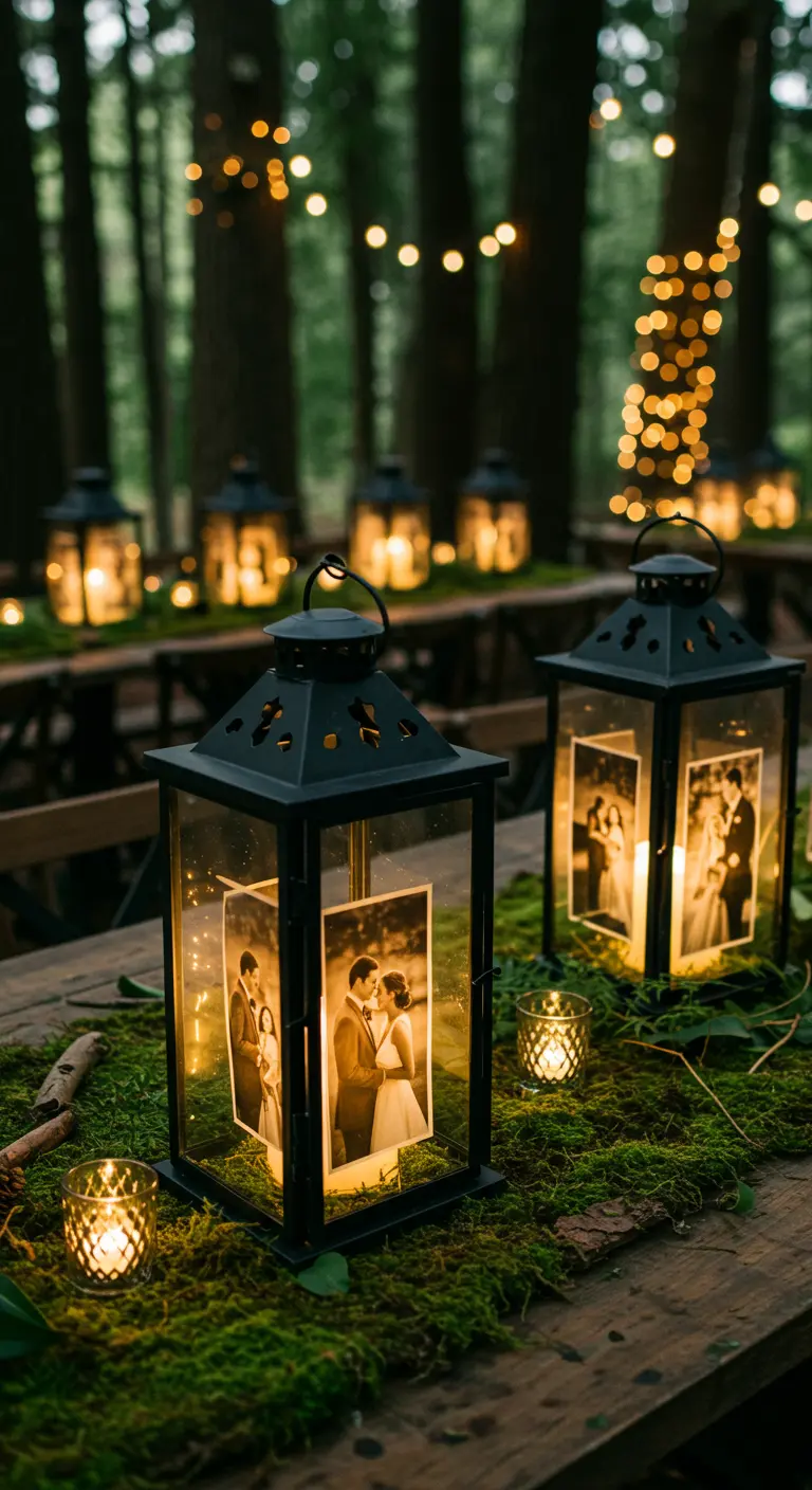 Farolillos negros con fotos de la pareja iluminados desde dentro, sobre una cama de musgo.